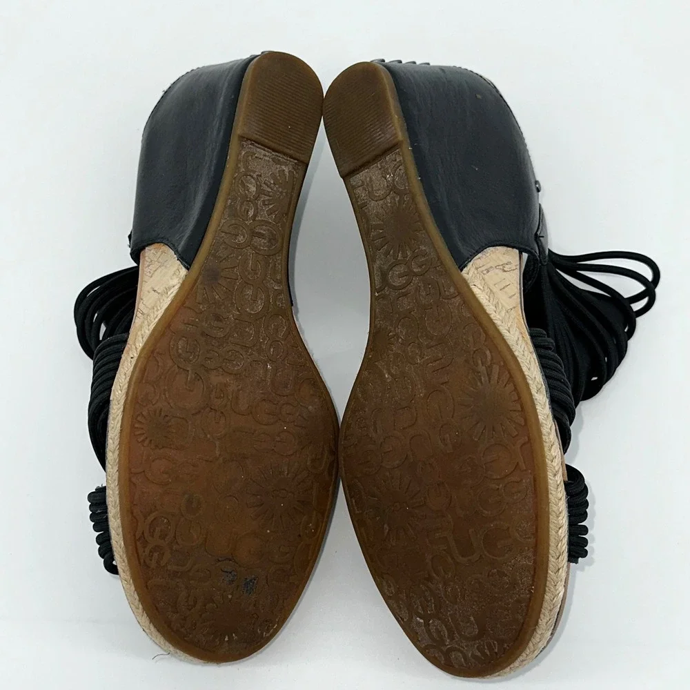 UGG Wedge Sandals Black Leather Strappy Studded Heel Casual Shoes‎  7 Hilarie